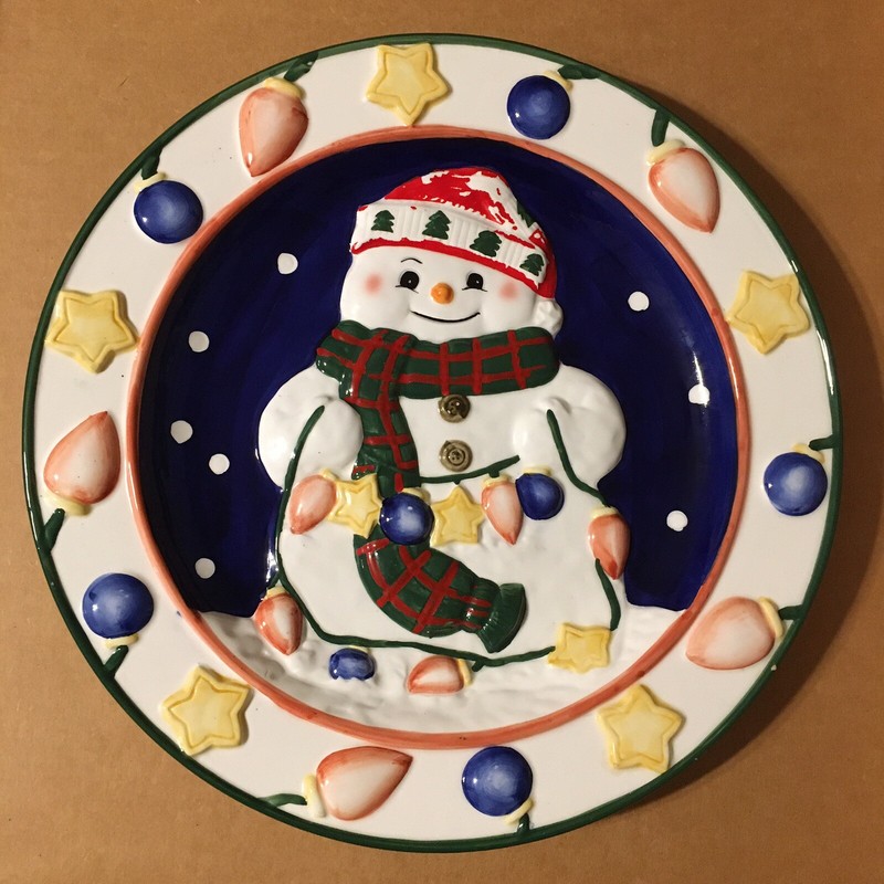 WCL Ceramic Christmas Cookie Plate Serving Platter Snowman Holiday Lights 12.25"