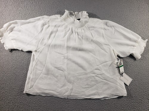 1.STATE Shirt Women's Large White 3/4 Sleeve Smocked Neck Blouse Stretch Top NWT