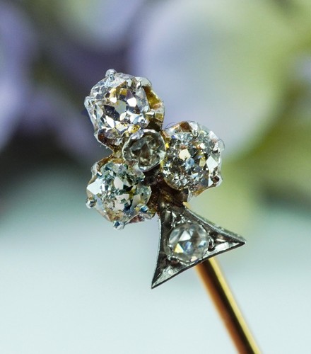 French Edwardian Antique Old Mine Diamond Clover Clubs Pin 18K Gold Platinum
