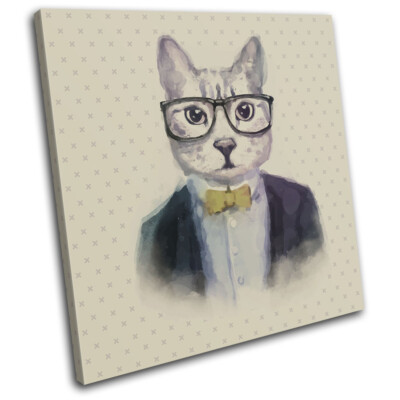 Hipster Watercolour Cat Tabby Animals SINGLE Leinwand Kunst Bild drucken