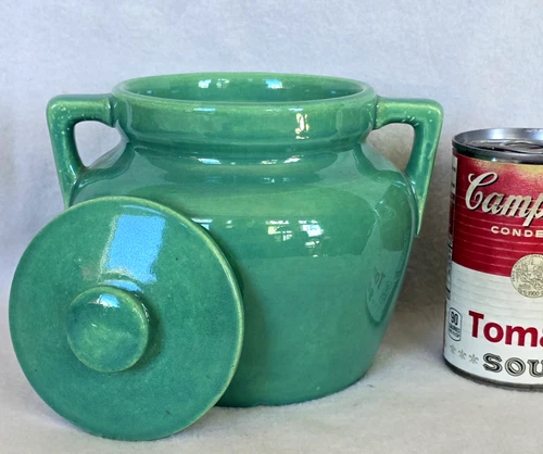 Garden City Pottery 1 Quart Bean Pot w Lid Jade Green Bauer Era Art Deco