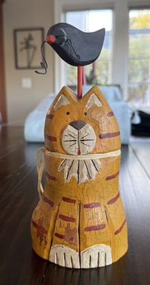 Charlene Cooper Hunter Cat #7/100 Hand Carved Wood Folk Art Cat Bird Primitive
