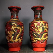 Collectible Chinese lacquerware hand-carved two dragon cloud pattern vase pair