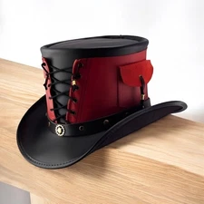 Red Black Leather Steampunk Top Hat with Corset Lace Gothic Cosplay