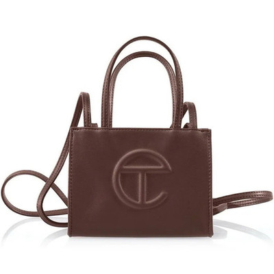 Telfar Mini Brown Shopping Bag Crossbody Double Handles Detachable Strap Logo