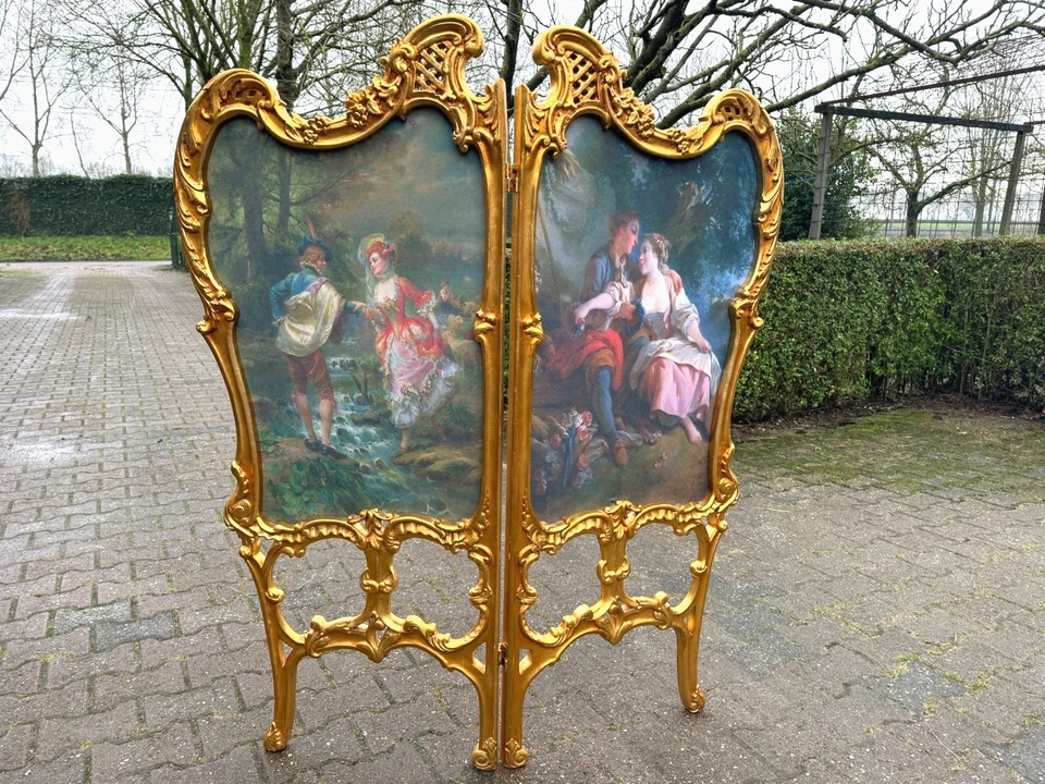 Pantalla divisoria de habitaciones arte de tela de madera de haya tallada en hoja de oro francés Luis XVI Foto 3 de 4