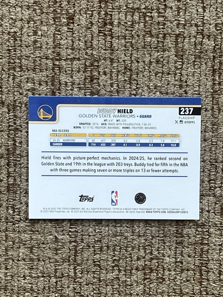 Баскетбольная карточка 2025 Topps No237 Buddy Hield Golden State Warriors с автографом - Изображение 2 из 2
