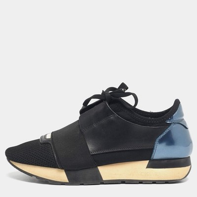 Balenciaga BlackBlue Mesh and Leather Race Runner Low Top Sneakers Size 36