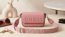 GUESS Pink Logo Crossbody Bag, Adjustable Strap, Gold Hardware, Buckle