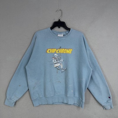 Champion Sweatshirt Mens Large Blue Chip Chrome Graphic Crewneck Destroyed Grung
