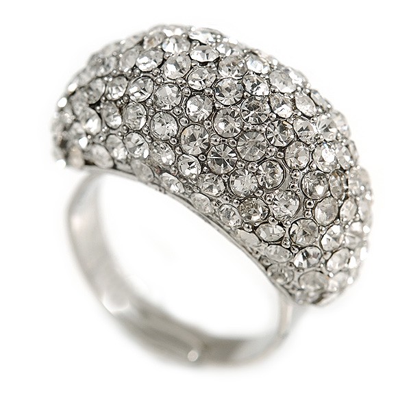 Pave Set Clear Crystal Dome Shape Ring In Silver Tone Metal - 25mm - 7/8 Size -