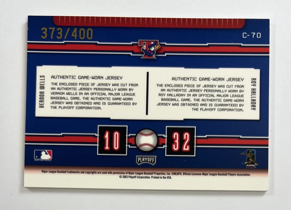 Playoff Prestige Connections Vernon Wells Roy Halladay Relic 373/400 AR114 2003 Foto 2 de 2