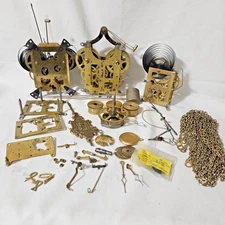Antique Brass Clock Parts 3 Movements 6 Chains & Bag of Misc Steampunk or Repair