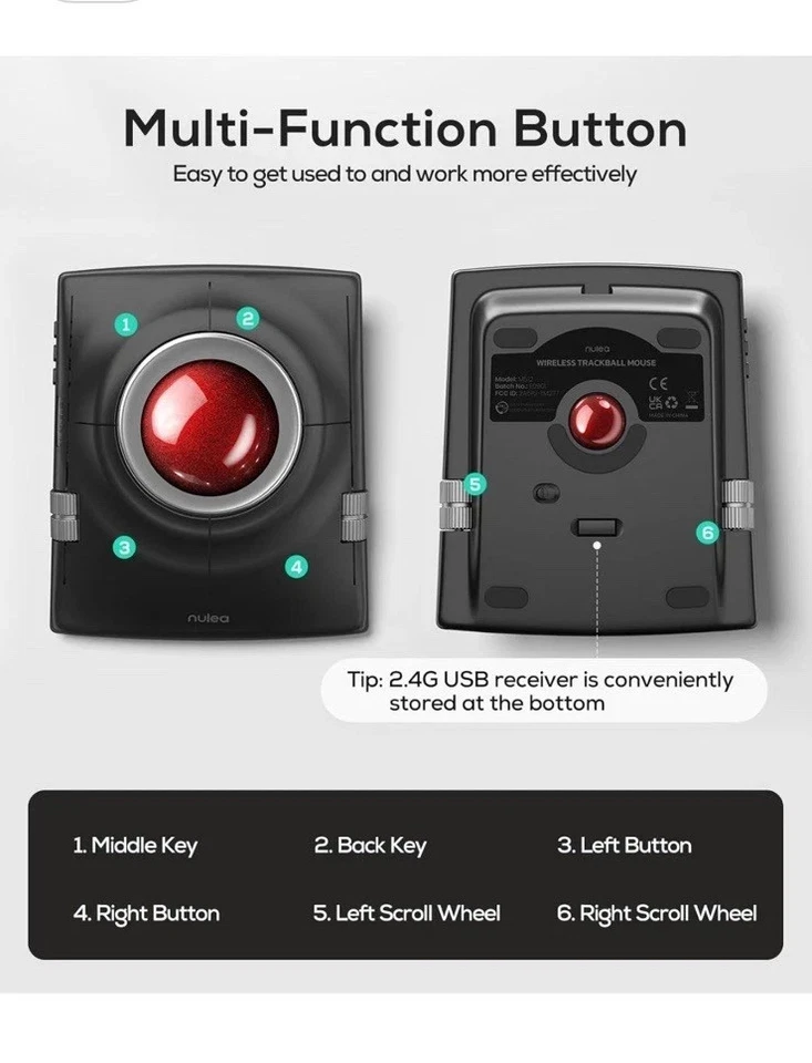 Nulea Wireless Ergonomic 55mm Trackball Mouse w Wrist Rest Adj DPI BT & USB M512 - Image 3 of 4