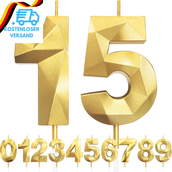 Kerzen Zum 15. Geburtstag, Zahl 15, Goldene Geburtstagskerzen FüR Kuchen, Diaman-image