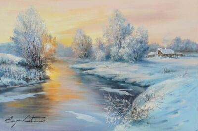 #ad #ad GORGEOUS ORIGINAL SNOWY COUNTRY RIVER RURAL LANDSCAPE OIL PAINTING ART $106.25