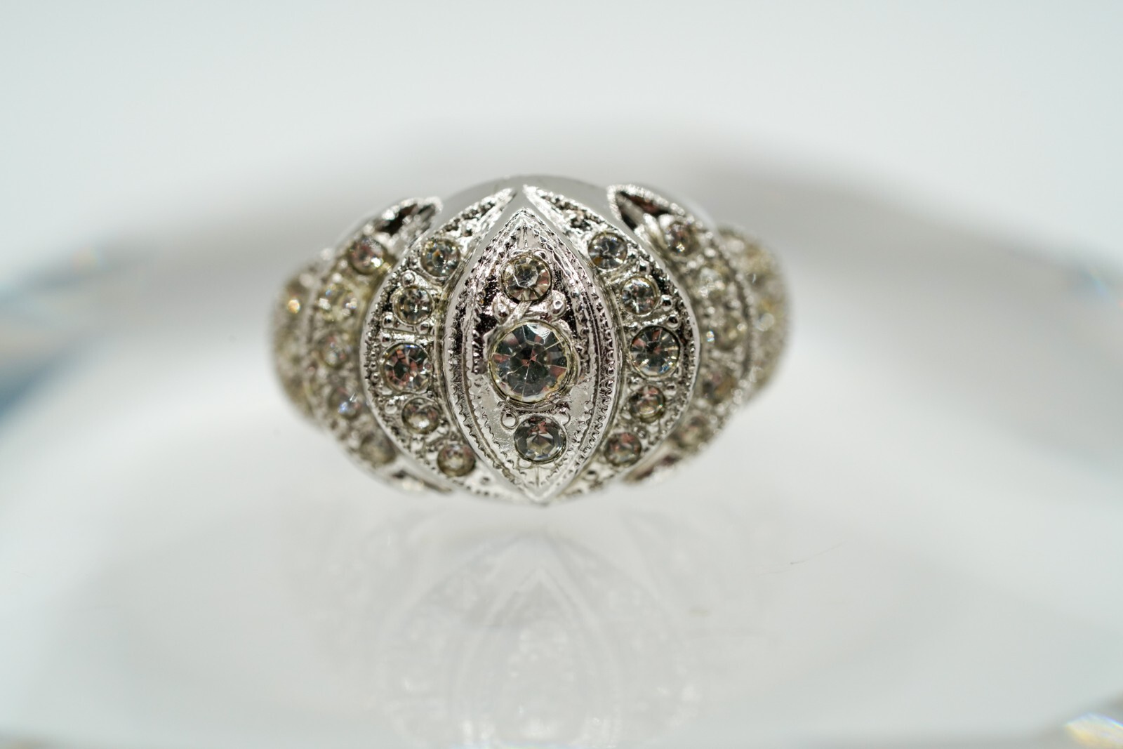 Vintage Art Deco White Gold Plated Rhinestone Step Ring