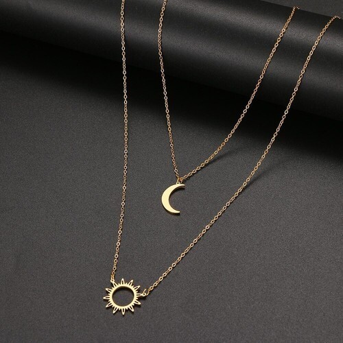 Collar Con Colgante Multi Capas Para Mujer Cadena Sol Y Luna De Acero Inoxidable