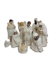 Vintage White & Gold Ceramic Miniatures Nativity Manger Figurine Set Christmas