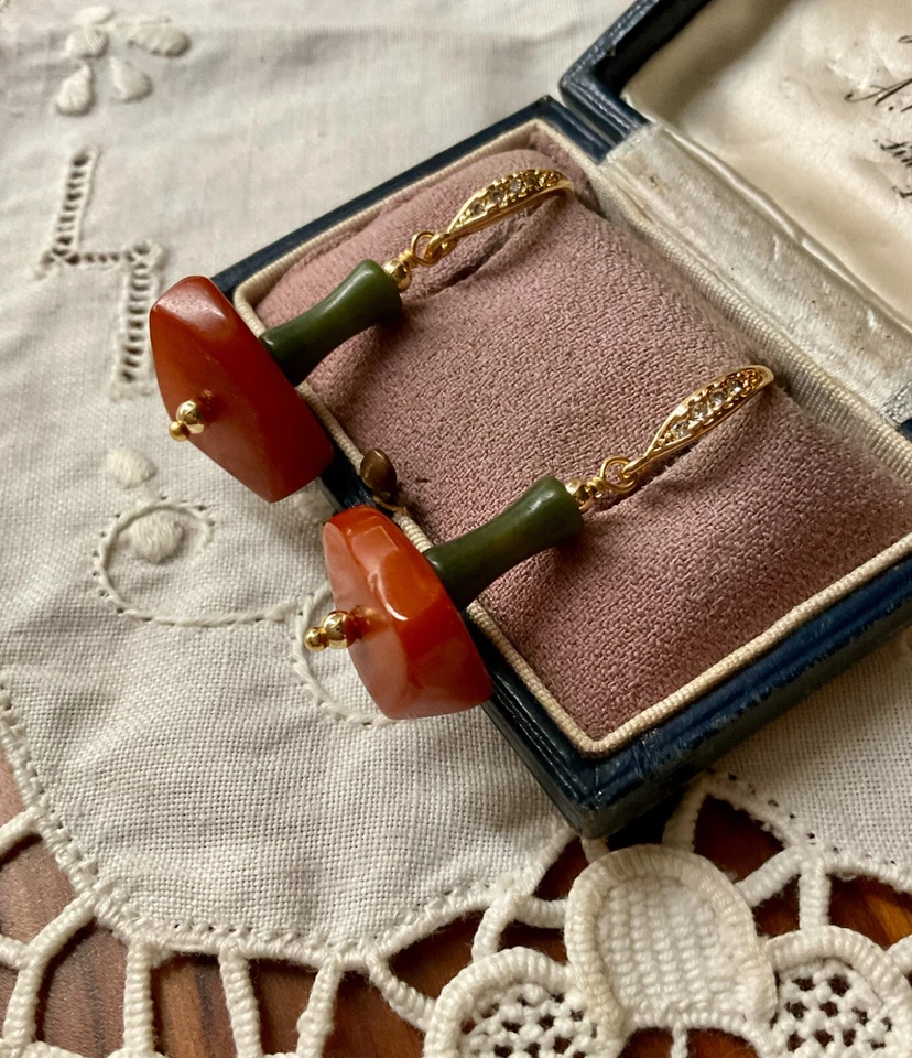 ANCIENNES BOUCLES D'OREILLES PLAQUÉ OR - @MBRE BALTIQUE & JADE VÉRITABLES - Photo 4/4