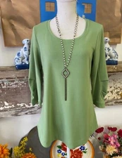 H by Halston Aloe Green French Terry 3/4 Pleated Sleeves Tunic Top XS New