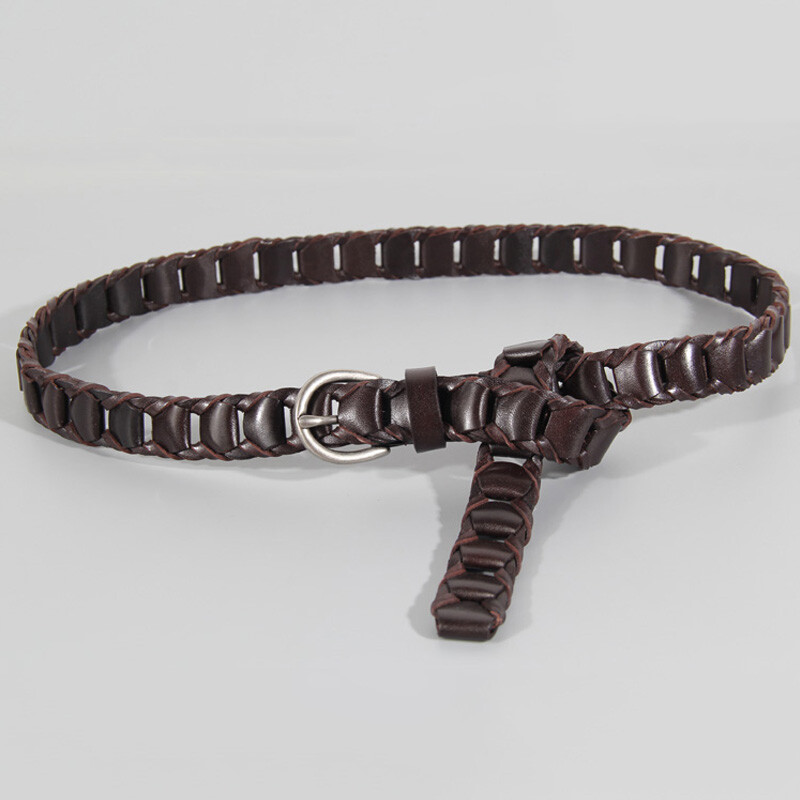 Hand-Woven Leather Belt Retro Pin Buckle Casual Jeans Skirt Accessory Women Skinny Woven Leather Belt Pin Buckle Waistband for  main image 3