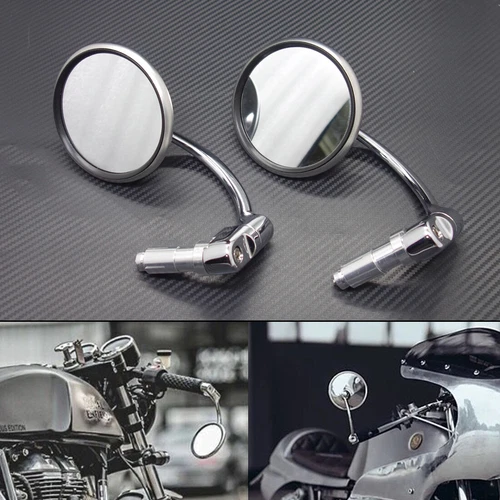 Silver Retro Metal 7/8" Handle Bar End Side Round Rearview Mirror For Cafe Racer