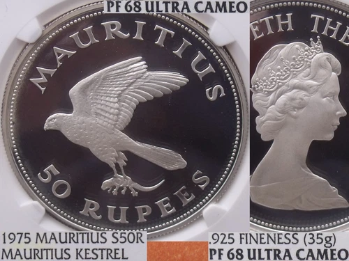 Mauritius 1975 Silver 50 Rupees~NGC PR-68 UC~Pop=2~Conservation~Kestrel~Free Shi