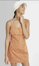 Wild Fable Dress Med Orange Floral Cottagecore Smocked Open Back Mini Cotton