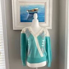 Vintage Jocelyn Smith Petites Angora Embroidered Blue Cream Vneck Sweater