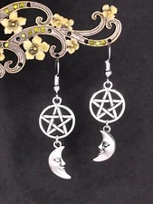 Pentagram Star and Moon Charm Dangly Drop Earrings - Wiccan Pagan Goddess