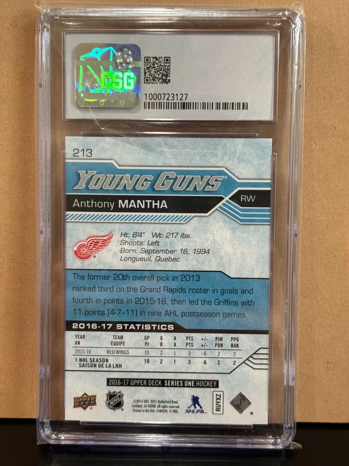 2016 Upper Deck Anthony Mantha Young Guns CSG 9 Mint #213 Capitals - Image 2 of 2