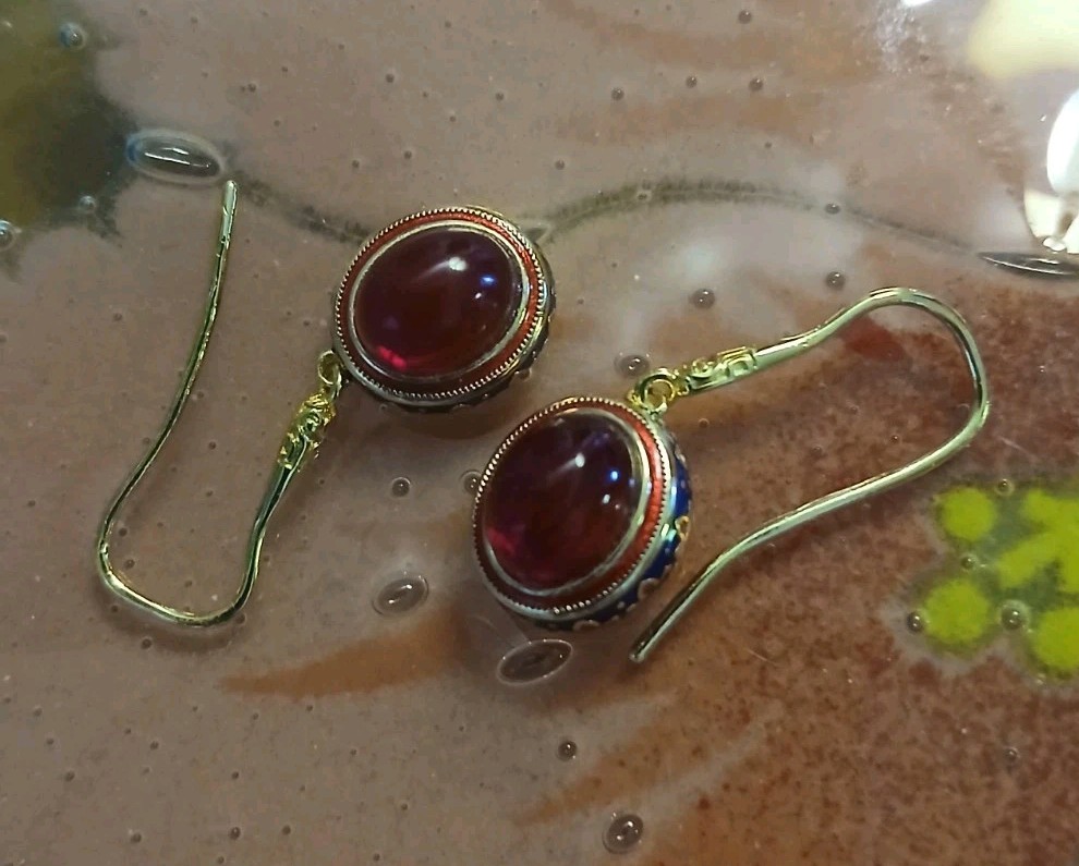 Ruby Red Glass  Cloisonne Dangle Drop Pierced Gol… - image 2