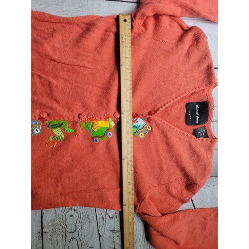 Michael Simon Salomon Colored Cardigan Sweater With Beaded Green Frogs Size M - Picture 9 of 13
