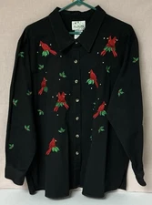 Quacker Factory 1X 100% Black Denim Jacket W/Cardinal & Holly Embroidery
