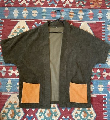 Corduroy Kimono Jacket Olive with Orange Patch Pockets Open Front Short Sleeve
