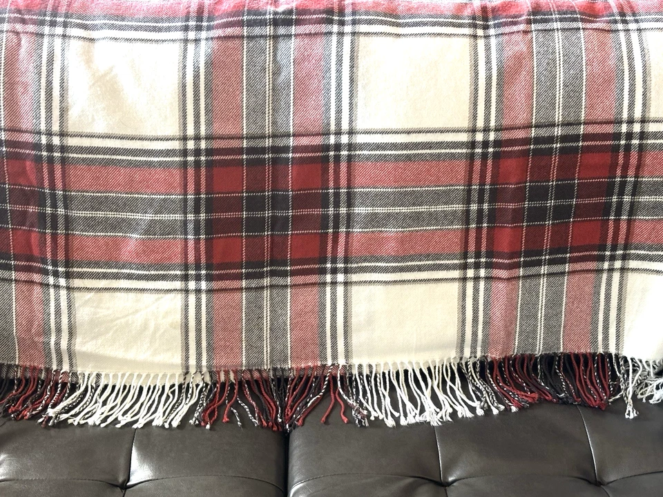 Manta a Cuadros Blanco Rojo Negro Flecos 53x60 Sofá Sofá Acogedor Acrílico Bangya Foto 3 de 4