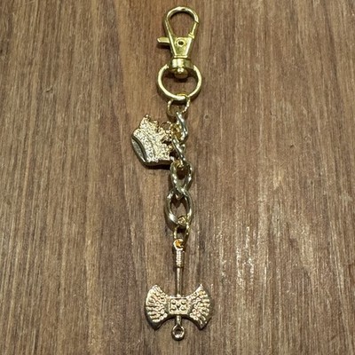 Gold Tone Crown Axe Keychain Charm Lobster Clasp Medieval Viking Gothic Bag