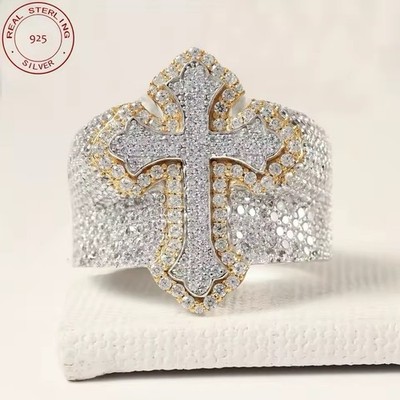 925 Silver Two Tone Iced Cross Ring 5A CZ Hip Hop Bling Rapper Jewelry Men