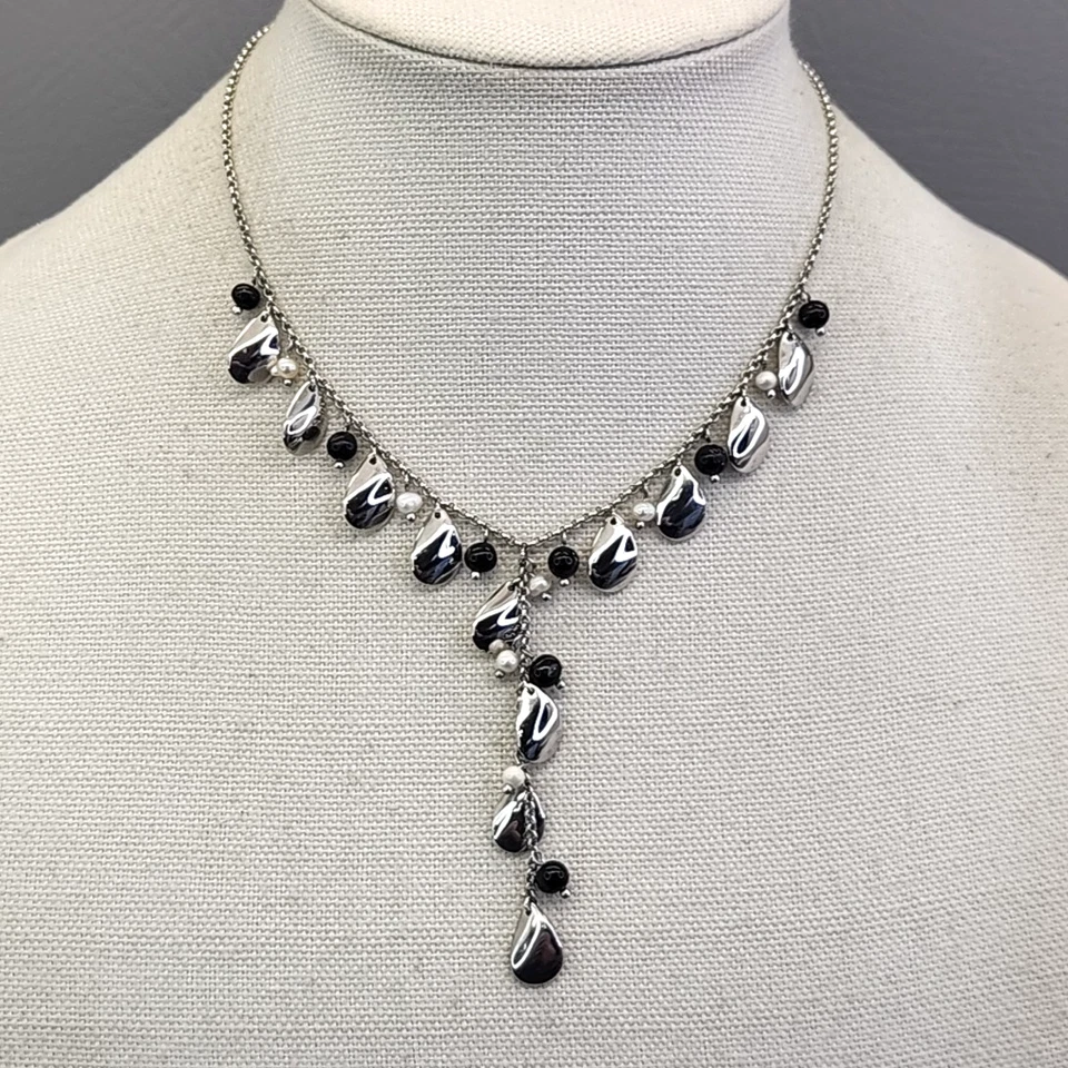 Lia Sophia Necklace Y Drop Silver Tone Teardrop Charms Freshwater Pearls 18" - Image 3 of 4