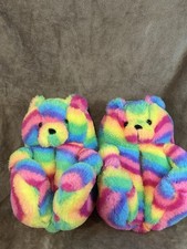 Plush Cozy Teddy Bear Slippers - Rainbow Color - Slippers W 9-10 M 7.5-9