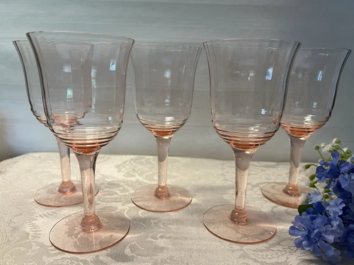 Pink Depression Elegant Glass Ribbed Water/Wine Goblet Unknown Pattern! Set of 5