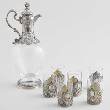 C.1870 VIENNA AUSTRIA SILVER DECANTER WITH 6 LIQUOR CUPS SET-HALLMARKED-NO MONO