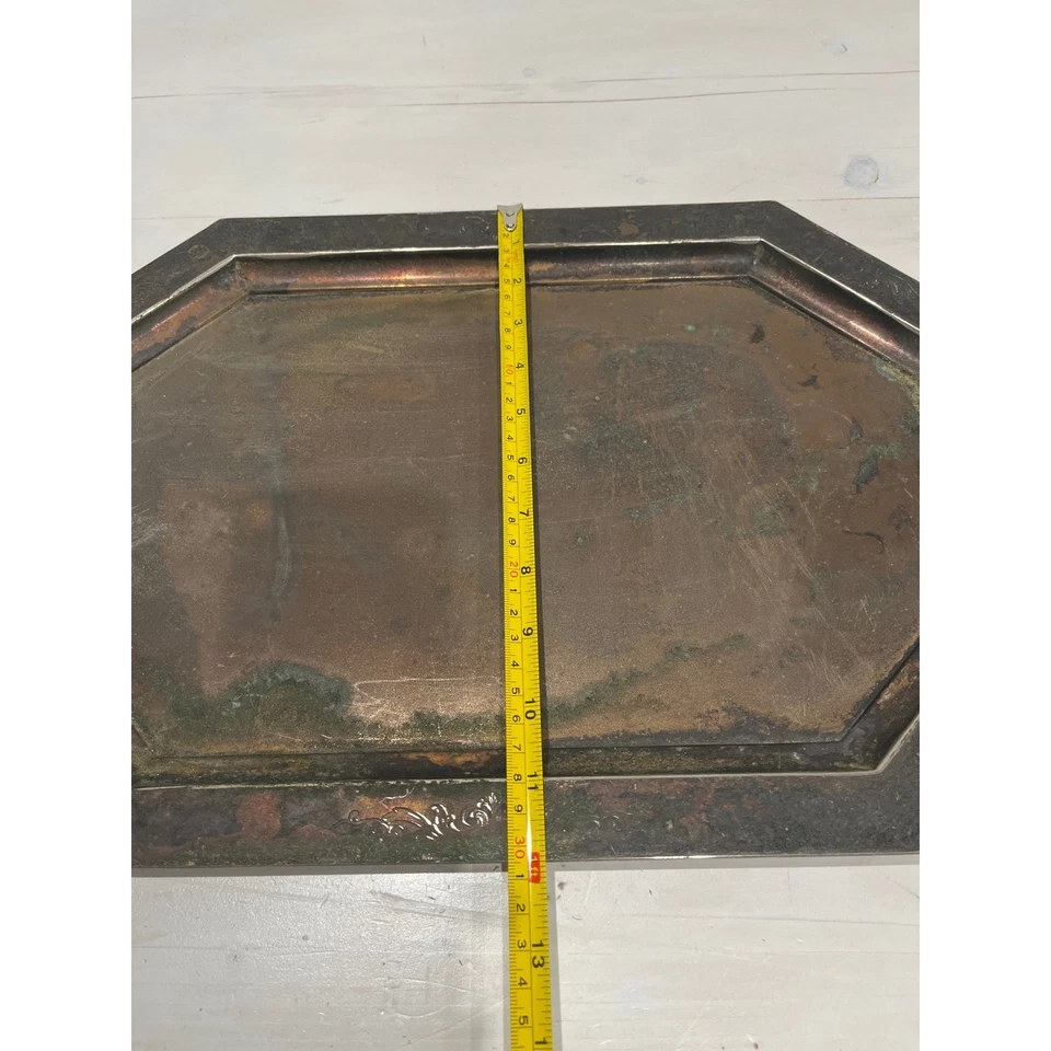 Винтажный восьмиугольный сервировочный поднос с ручками потускневшая металлическая декоративная отделка - Изображение 3 из 4