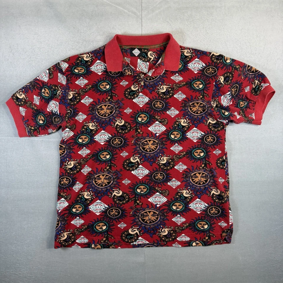 Винтажная мужская рубашка-поло Tabasco Hot Sauce большой размер* Red Sun Moon Faces AOP 90-е - Изображение 2 из 4