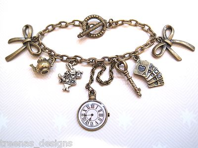 ALICE IN WONDERLAND CHARM BRACELET Pocket Watch Key