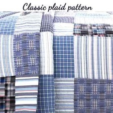 NEW COZY CLASSIC BLUE DENIM NAVY WHITE RED GREY PLAID PATCHWORK QUILT SET