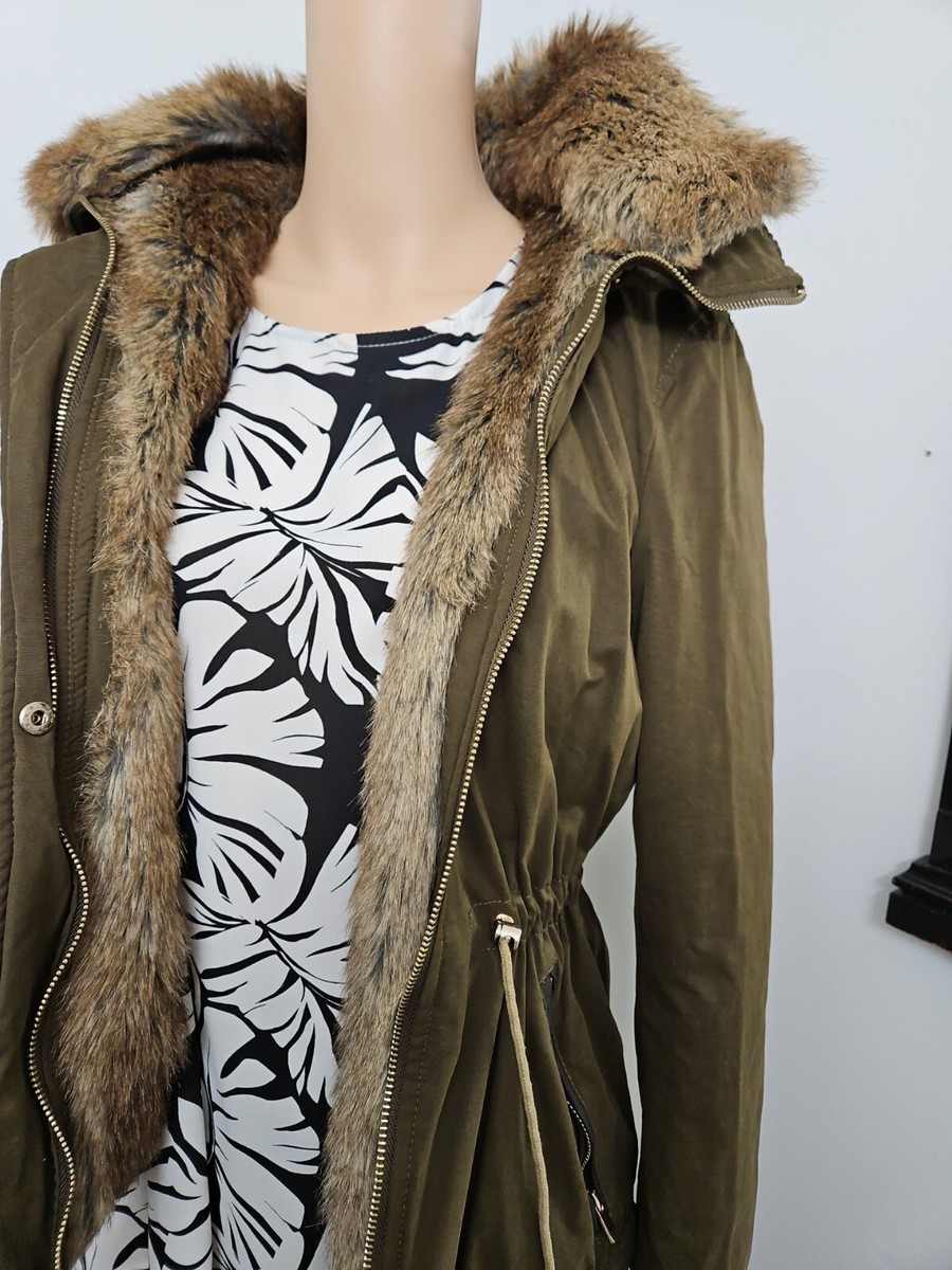 Zara Trafaluc Khaki Green/ Fur Lining Hooded Winter Jacket
