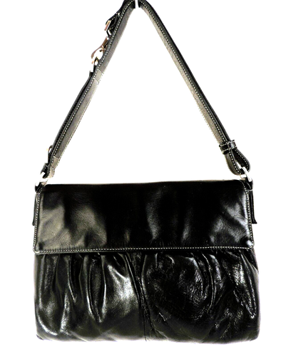PERLINA NEW YORK Black Soft Leather Shoulder Bag Handbag Purse Adjustable Strap