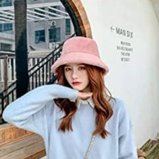 Women's Pink Bucket Fur Furry Windproof Warm Solid Plush Fluffy Teddy Hat Cap